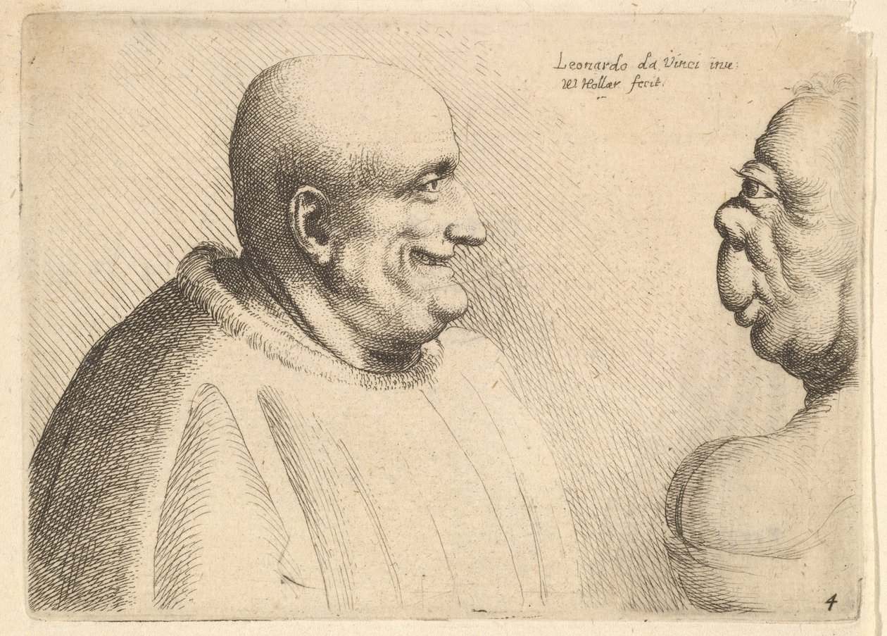 Un hombre grande con cabeza calva frente a una mujer grotesca, 1625-77 de Wenceslaus Hollar
