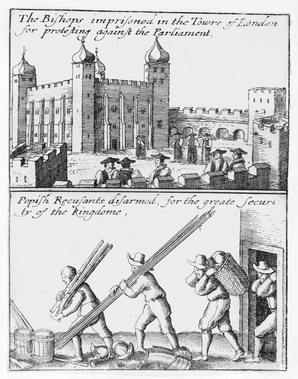 Obispos encarcelados en la Torre de Londres; Recusantes papistas desarmados de Wenceslaus Hollar