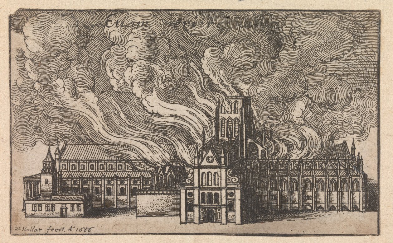 El incendio de la antigua catedral de San Pablo durante el Gran Incendio de Londres de Wenceslaus Hollar