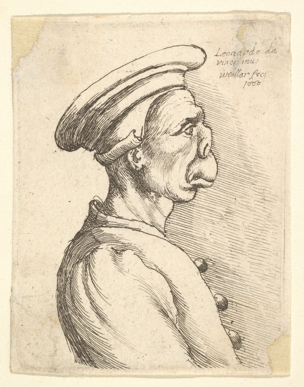 Busto de un hombre con nariz chata y boca prominente, con gorra plana y abrigo abotonado, 1660 de Wenceslaus Hollar