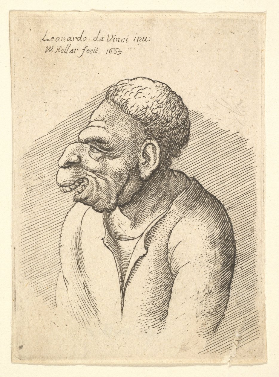 Busto de un hombre con nariz ganchuda, labio superior prominente, boca abierta y cabello corto y rizado, 1665 de Wenceslaus Hollar