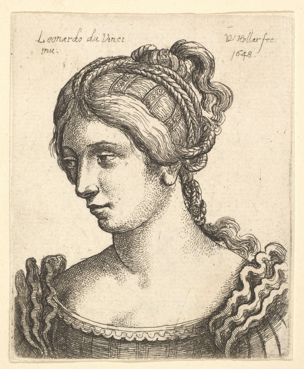 Busto de una mujer mirando hacia abajo a la izquierda con cabello elaboradamente decorado, 1648 de Wenceslaus Hollar