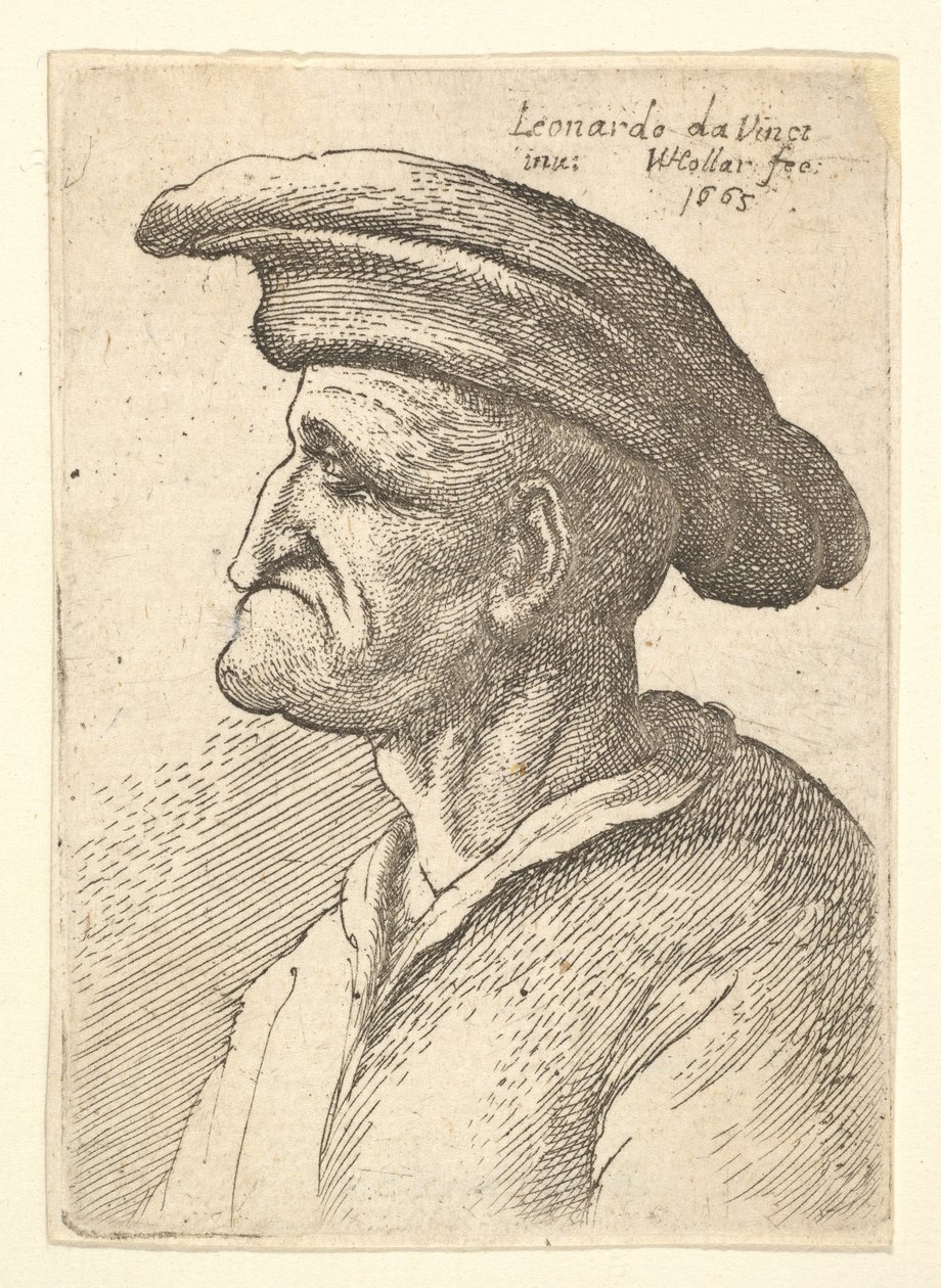 Busto de anciano con nariz que se encuentra con su labio inferior, usando una gorra ancha de Wenceslaus Hollar