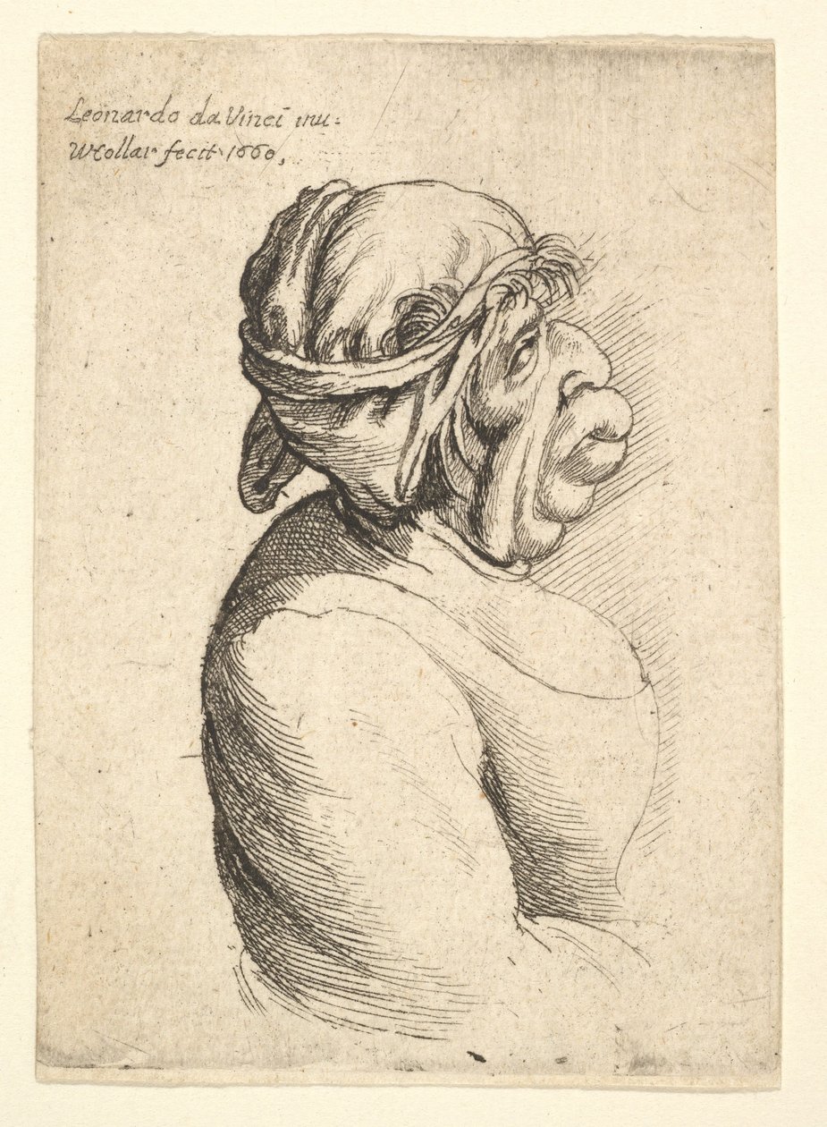 Busto de mujer con boca prominente vistiendo un vestido escotado y un paño atado alrededor de su cabeza de Wenceslaus Hollar