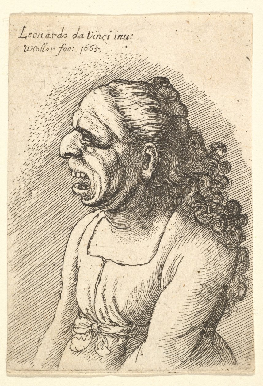 Busto de mujer con boca muy abierta y cabello largo y rizado cayendo sobre sus hombros, 1665 de Wenceslaus Hollar