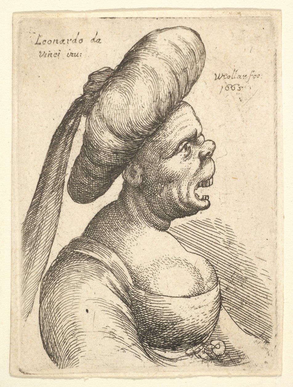 Busto de mujer con boca muy abierta y nariz respingada, con gran turbante plano con tela..., 1665 de Wenceslaus Hollar
