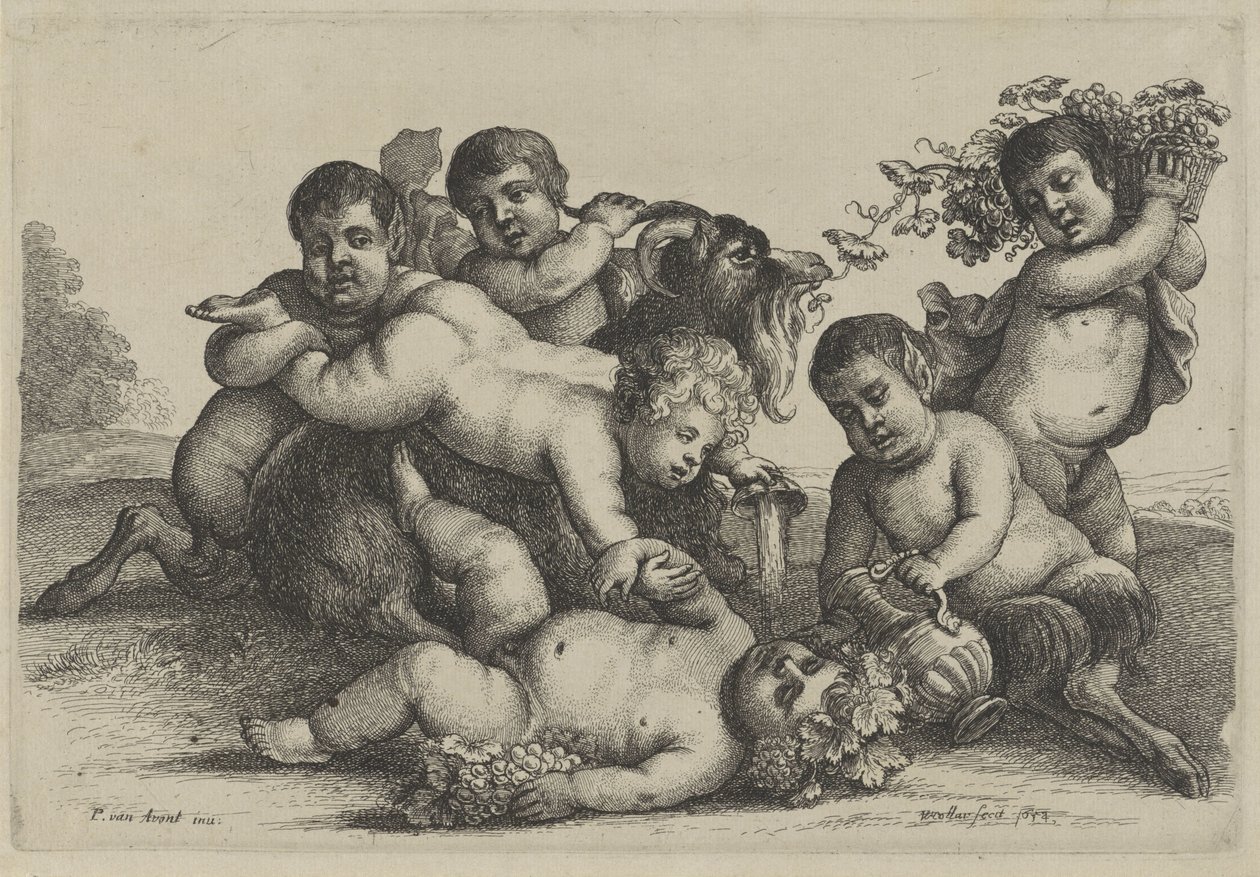 Tres niños pequeños, dos sátiros y una bacante una cabra Putti and Satyrs (título de la serie) de Wenceslaus Hollar