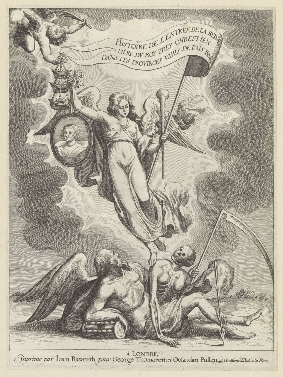 Faam overwint de tijd en de dood Historia de la Entrada de la Reina Madre del Rey Cristianísimo a las Provincias Unidas de los Países Bajos (título de serie sobre el objeto) de Wenceslaus Hollar