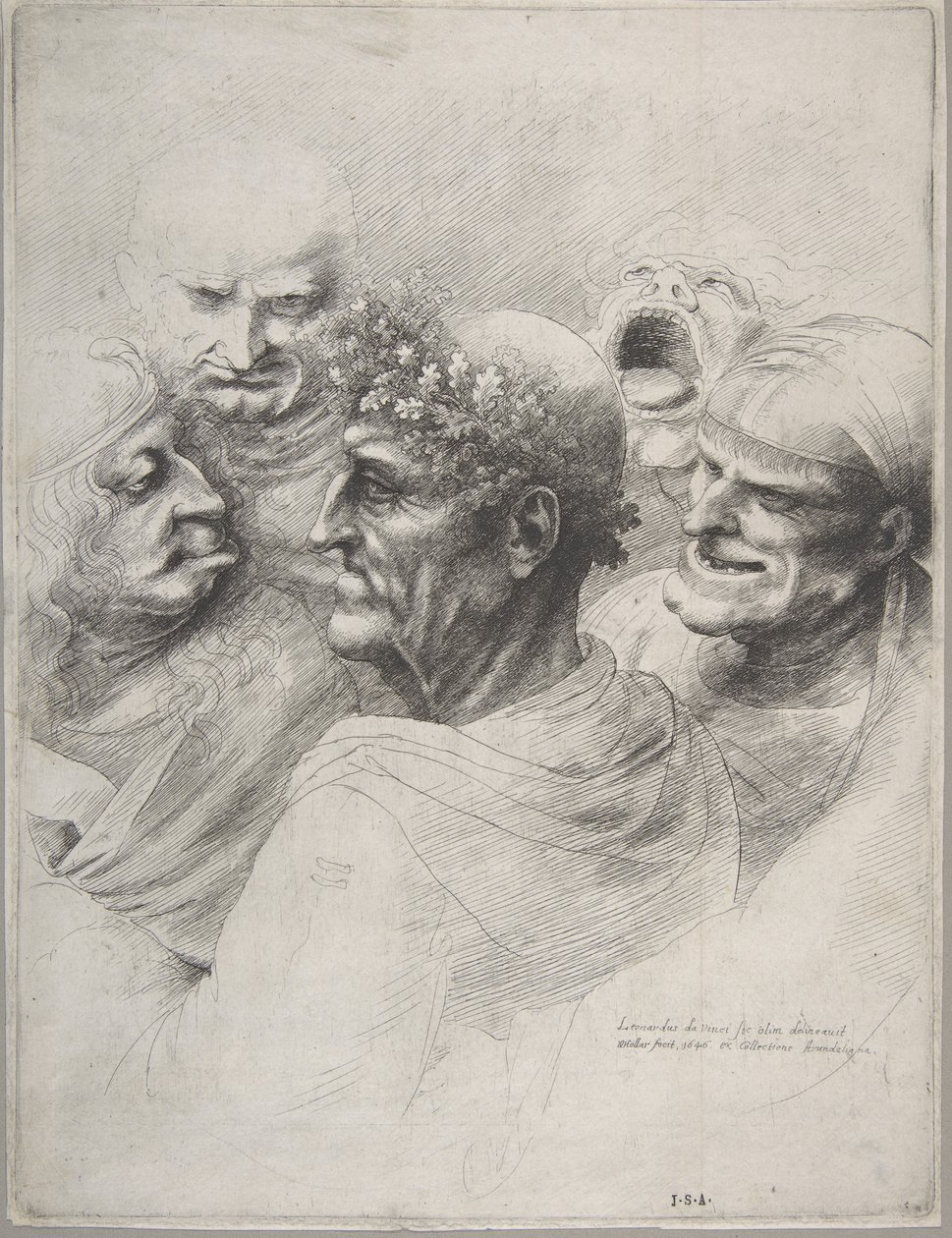 Cinco cabezas grotescas, incluyendo un anciano con una corona de hojas de roble, 1646 de Wenceslaus Hollar