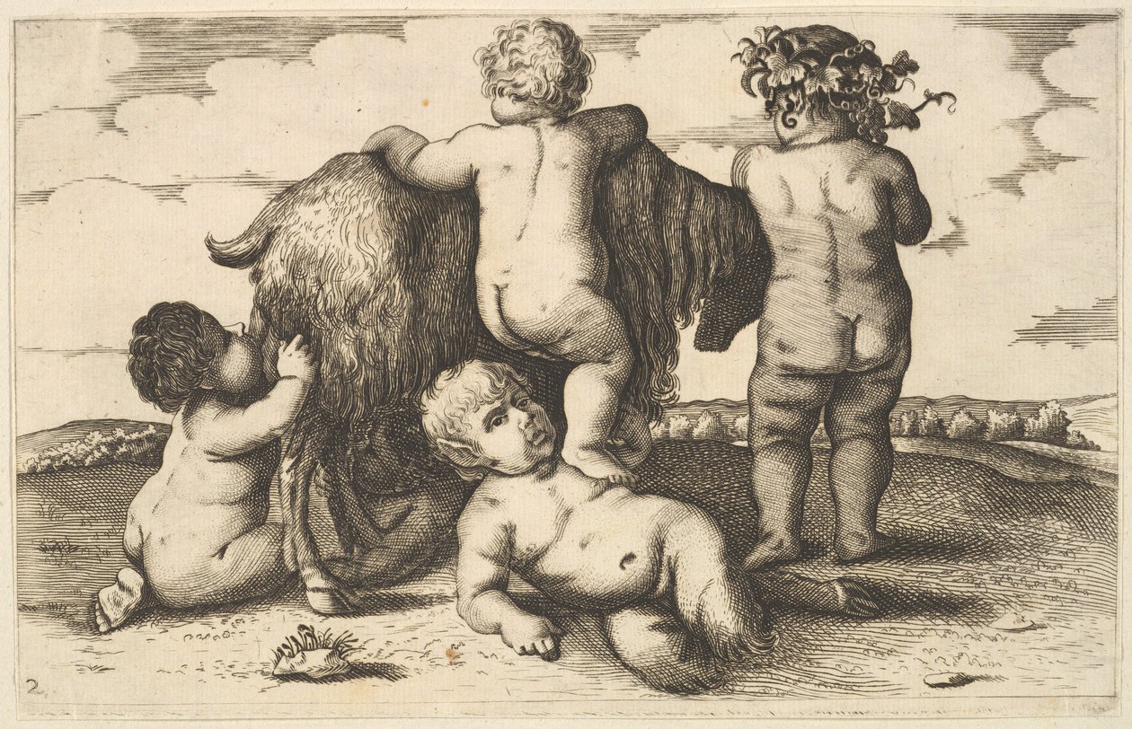 Cuatro niños, un joven sátiro y una cabra copia de Wenceslaus Hollar