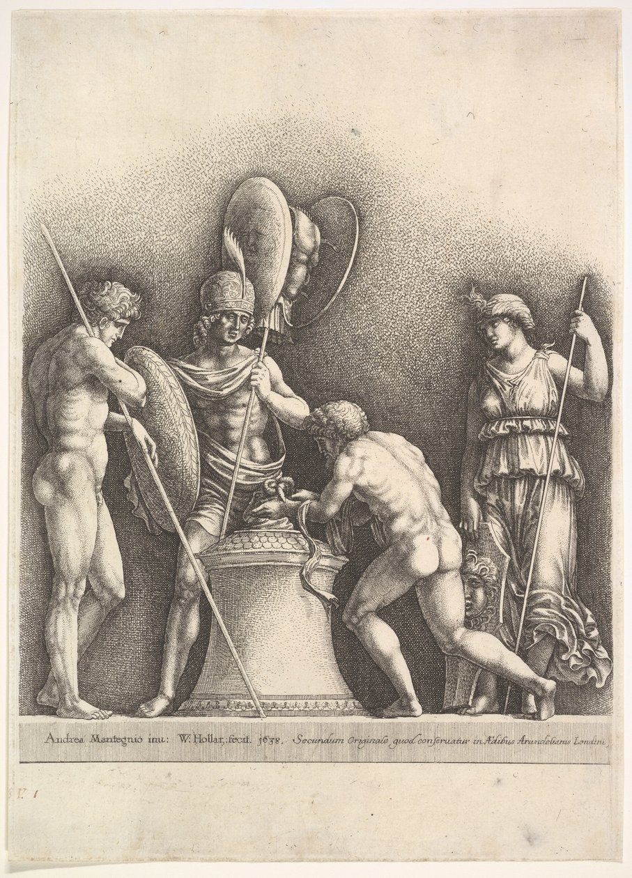 Cuatro figuras clásicas sacrificio pagano de Wenceslaus Hollar