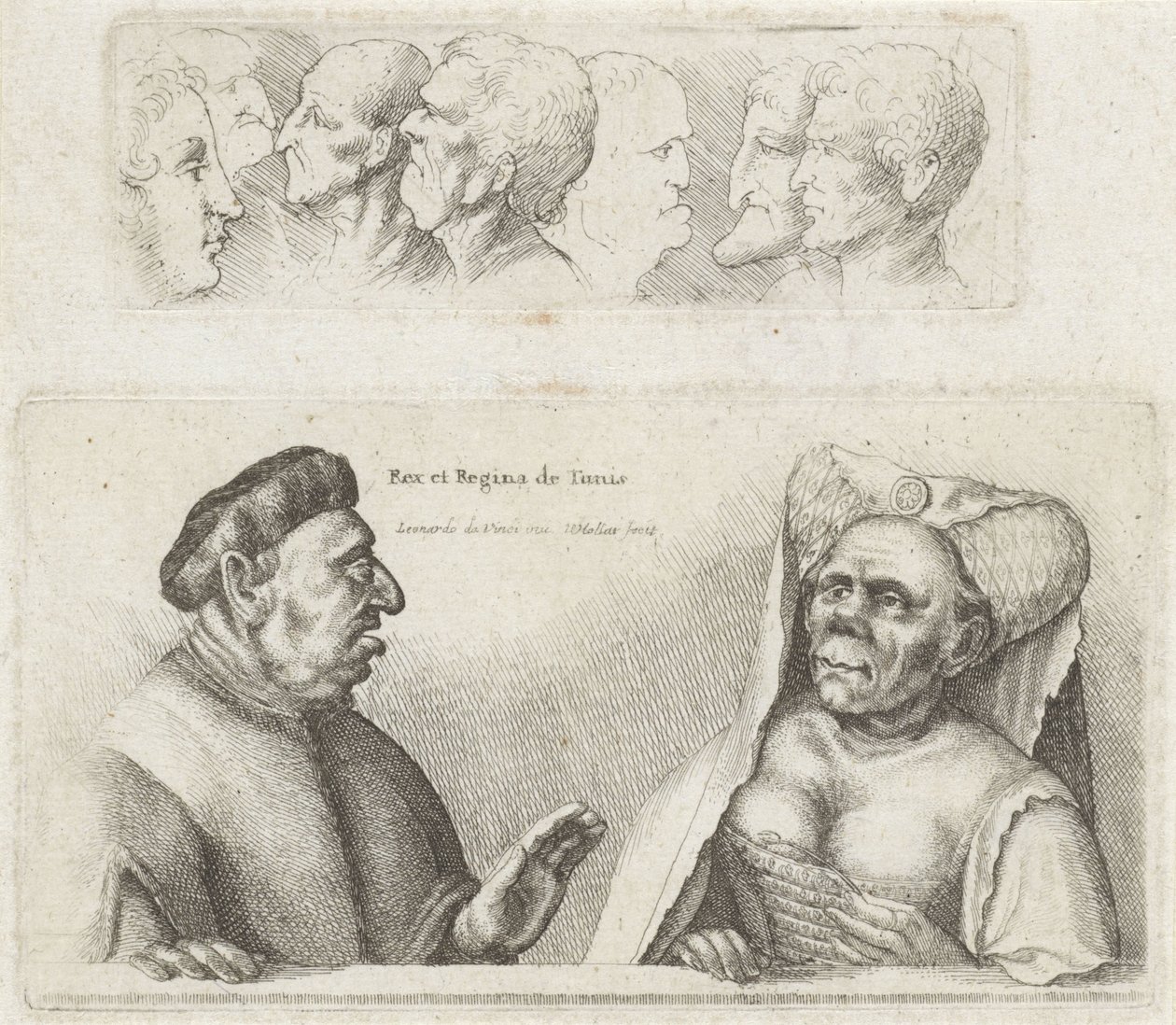 Frisón con Cabezas de Estudio / Caricaturas del Rey y la Reina de Túnez Rex et Regina de Tunis (título sobre objeto) Varie figurae et probae (título de la serie) Caricaturas, cabezas y deformidades después de Leonardo da Vinci (título de la serie) de Wenceslaus Hollar