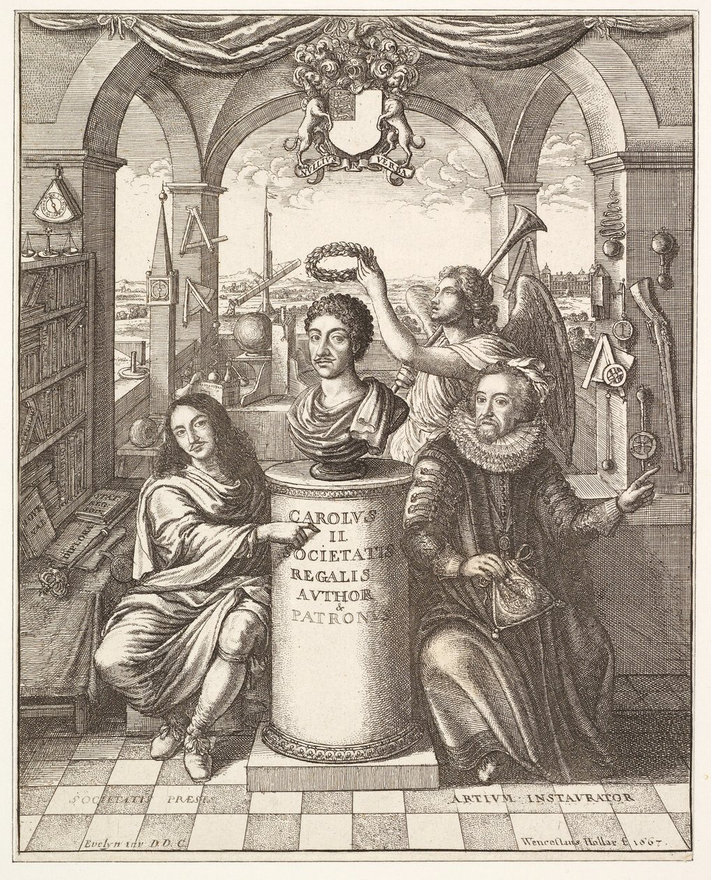 Frontispicio de La Historia de la Real Sociedad de Londres por Thomas Spratt, pub. 1702 de Wenceslaus Hollar