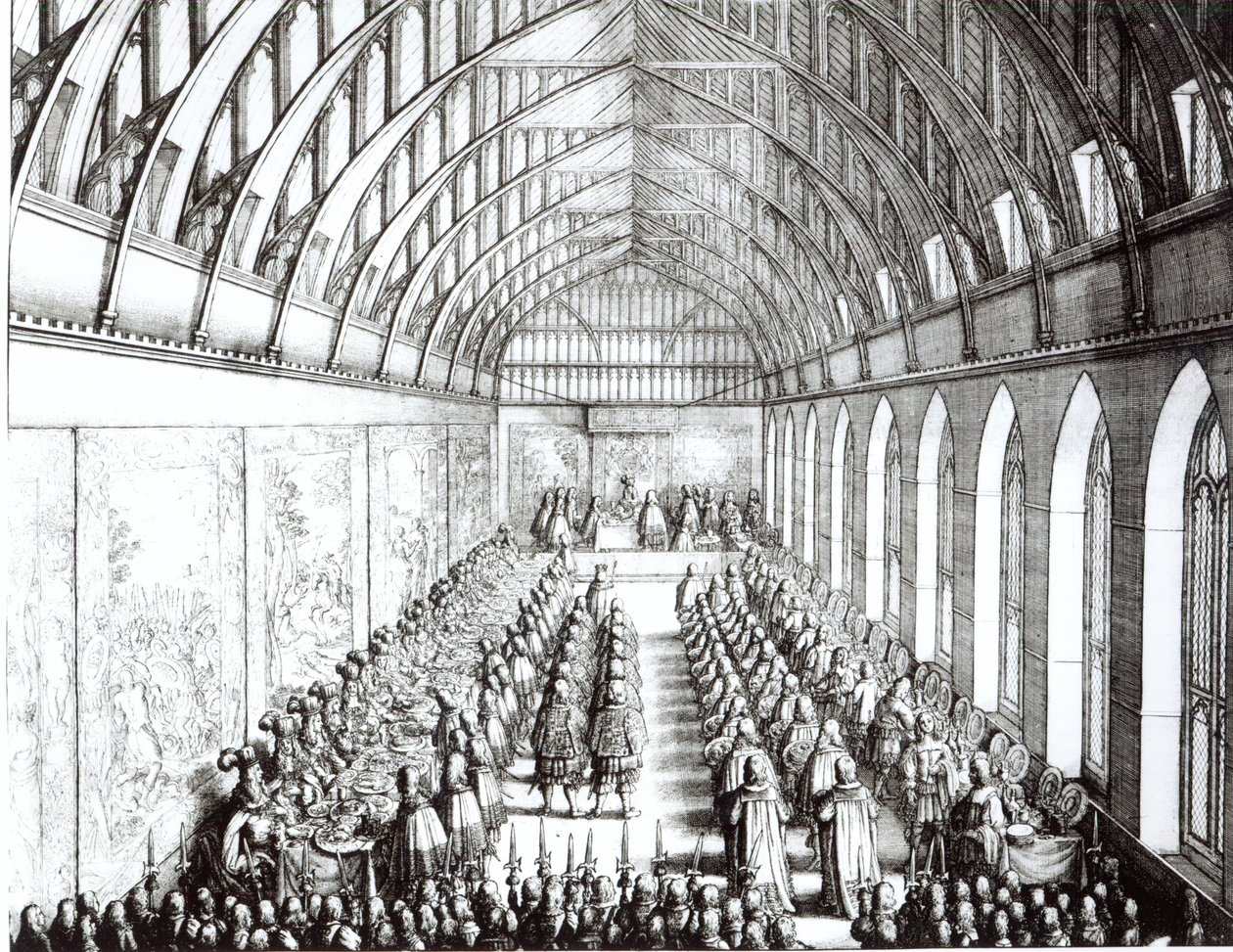 Banquete de la Orden de la Jarretera en el Salón de San Jorge, Windsor, en la época de Carlos II, 1672 de Wenceslaus Hollar