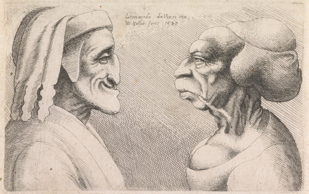Perfiles grotescos de un hombre y una mujer frente a frente de Wenceslaus Hollar