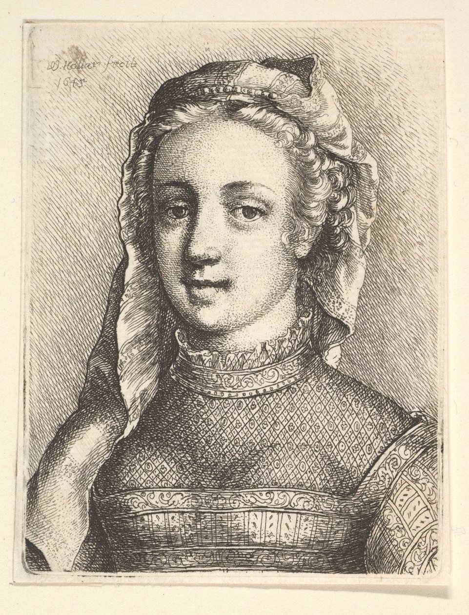Cabeza y hombros de una mujer con velo y cuello diáfano de Wenceslaus Hollar