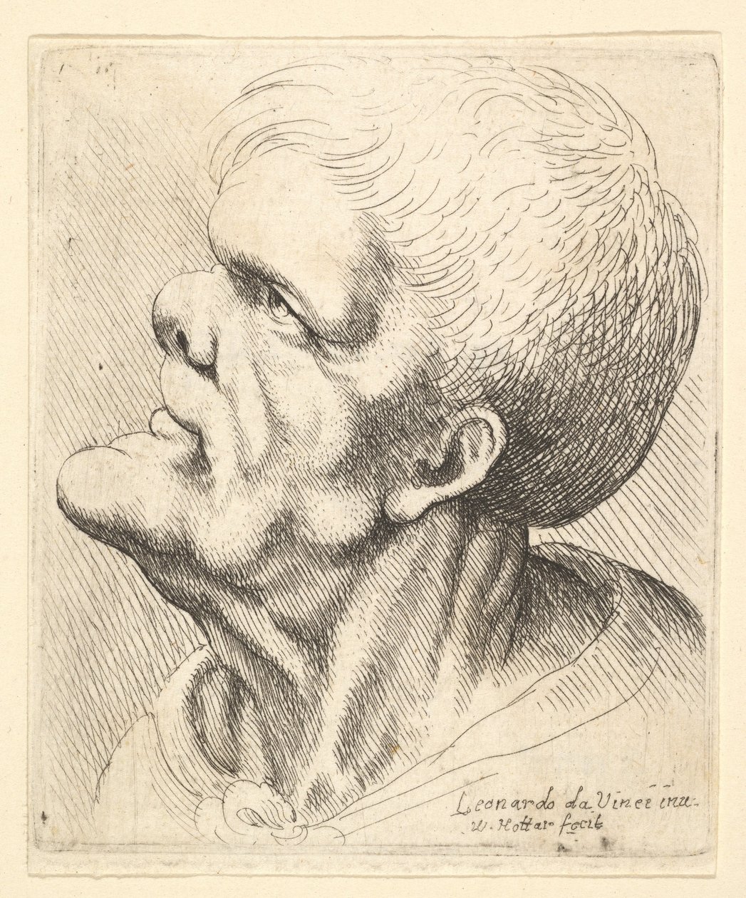Cabeza de un hombre con mentón prominente y nariz chata mirando hacia arriba en perfil a la izquierda, 1625-77 de Wenceslaus Hollar