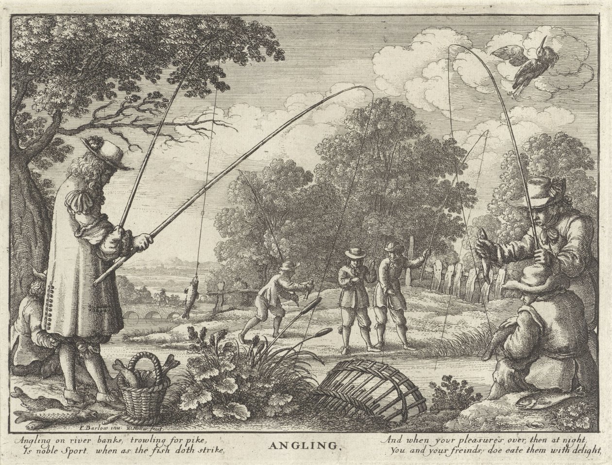 Hengelen Pesca con caña (título en el objeto) Jachtpartijen (título de la serie) Varias formas de caza, venta ambulante y pesca, según la manera inglesa (título de la serie) de Wenceslaus Hollar