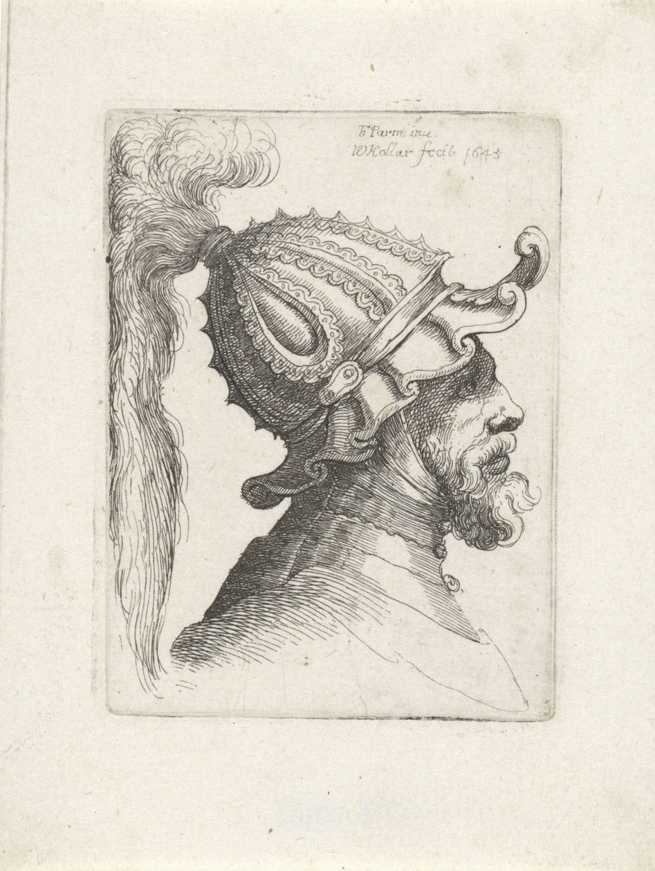 Cabeza de hombre con casco emplumado Cabezas con cascos a Parmigianino (título de la serie) de Wenceslaus Hollar