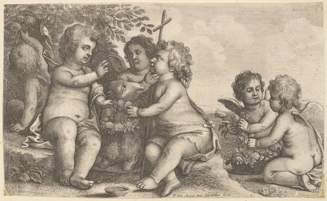 Jesús, San Juan Bautista y cuatro querubines, 1625-77 de Wenceslaus Hollar