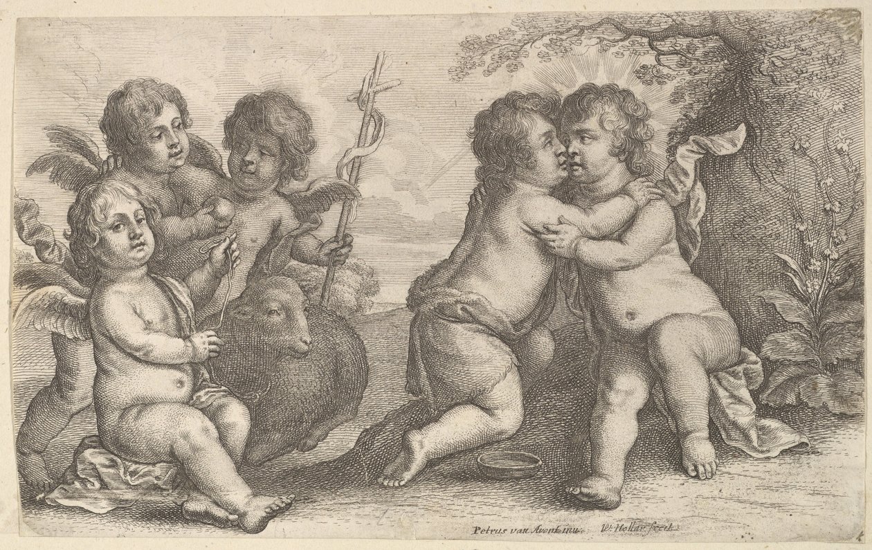 Jesús y San Juan abrazándose, con Querubines de Wenceslaus Hollar
