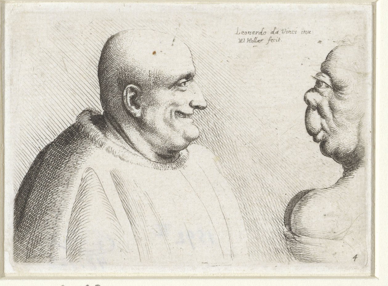 Cabezas de un gran hombre calvo y una mujer grotesca Varie figurae et probae (título de la serie) Caricaturas, cabezas y deformidades después de Leonardo da Vinci (título de la serie) de Wenceslaus Hollar