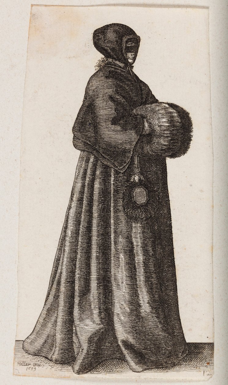 Mujer vestida de negro con una máscara, una cofia y un manguito de Wenceslaus Hollar