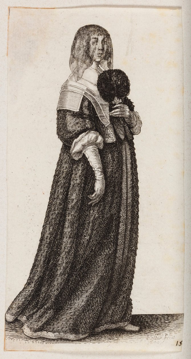 Mujer con velo y un abanico de plumas de Wenceslaus Hollar