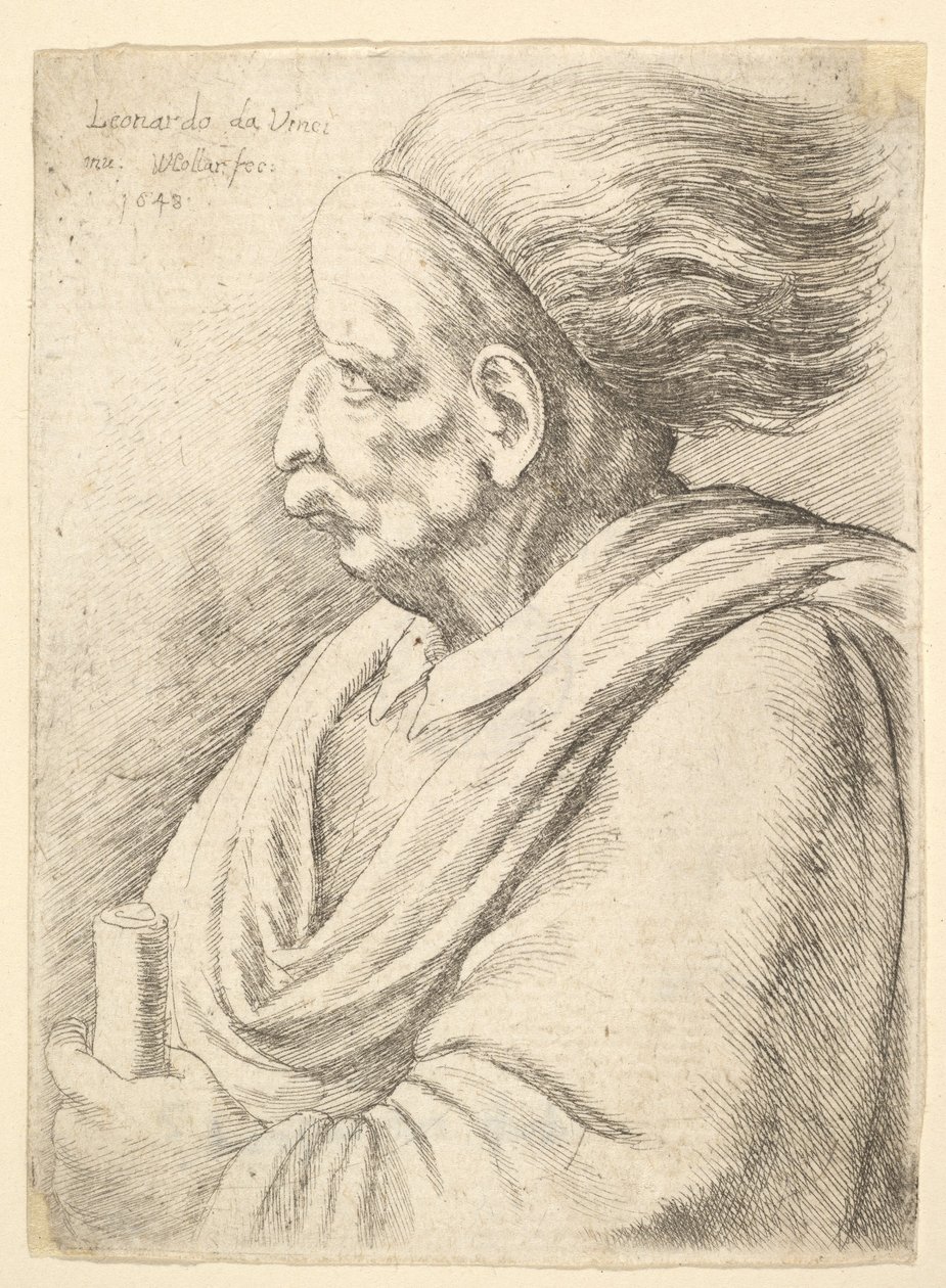 Hombre con rasgos caricaturizados y cabello al viento, medio cuerpo a la izquierda de Wenceslaus Hollar