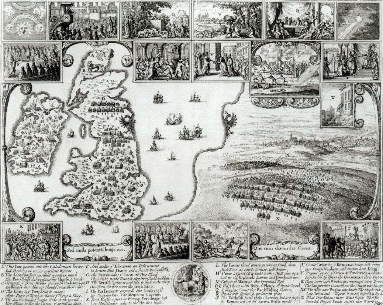 Mapa de la Guerra Civil Inglesa y una vista de Praga, 1632 de Wenceslaus Hollar
