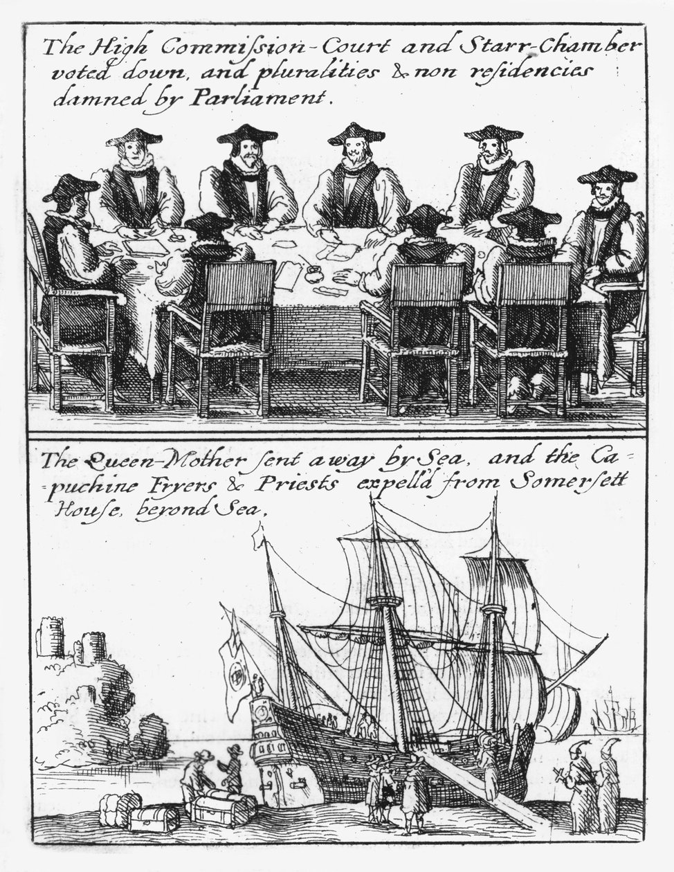 Miembros de la Cámara Estelar; La reina Henrietta Maria zarpa de Inglaterra de Wenceslaus Hollar