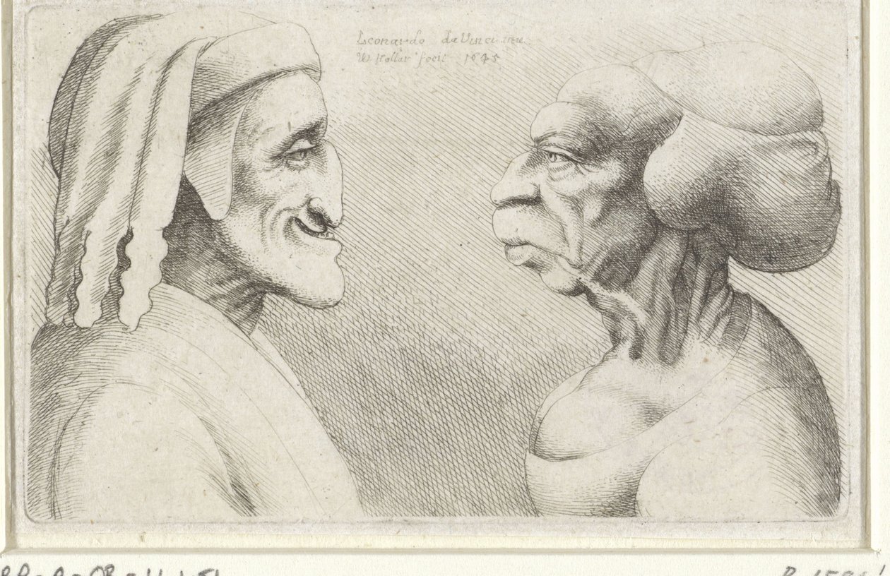 Caricatura de cabezas deformadas de un hombre con sombrero (¿Dante?) y una mujer Varie figurae et probae (título de la serie) Caricaturas, cabezas y deformidades después de Leonardo da Vinci (título de la serie) de Wenceslaus Hollar