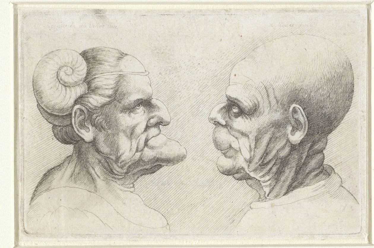 Cabezas deformadas de un hombre y una mujer calvos con cuernos en la cabeza Varie figurae et probae (título de la serie) Caricaturas, cabezas y deformidades después de Leonardo da Vinci (título de la serie) de Wenceslaus Hollar