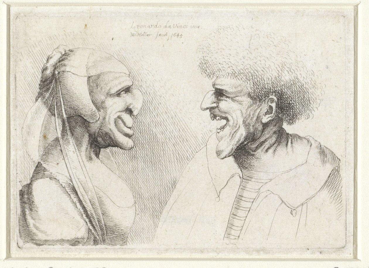 Cabezas deformadas de un hombre y una mujer sonrientes con una gorra en la cabeza Varie figurae et probae (título de la serie) Caricaturas, cabezas y deformidades después de Leonardo da Vinci (título de la serie) de Wenceslaus Hollar