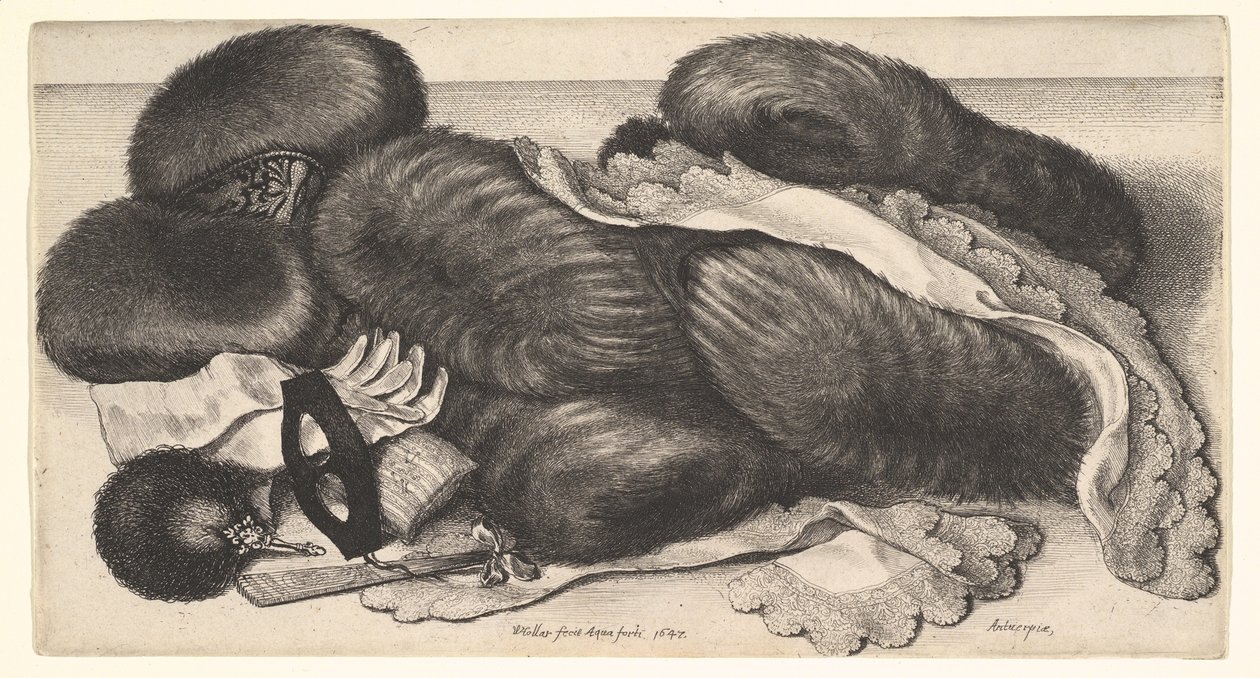 Manguitos y prendas de vestir sobre una mesa de Wenceslaus Hollar