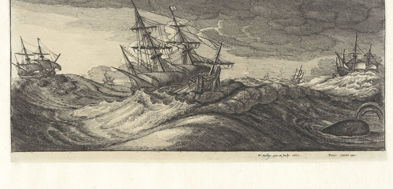 Buques de guerra y una ballena en una tormenta marina Tormentas marinas (título de la serie) de Wenceslaus Hollar