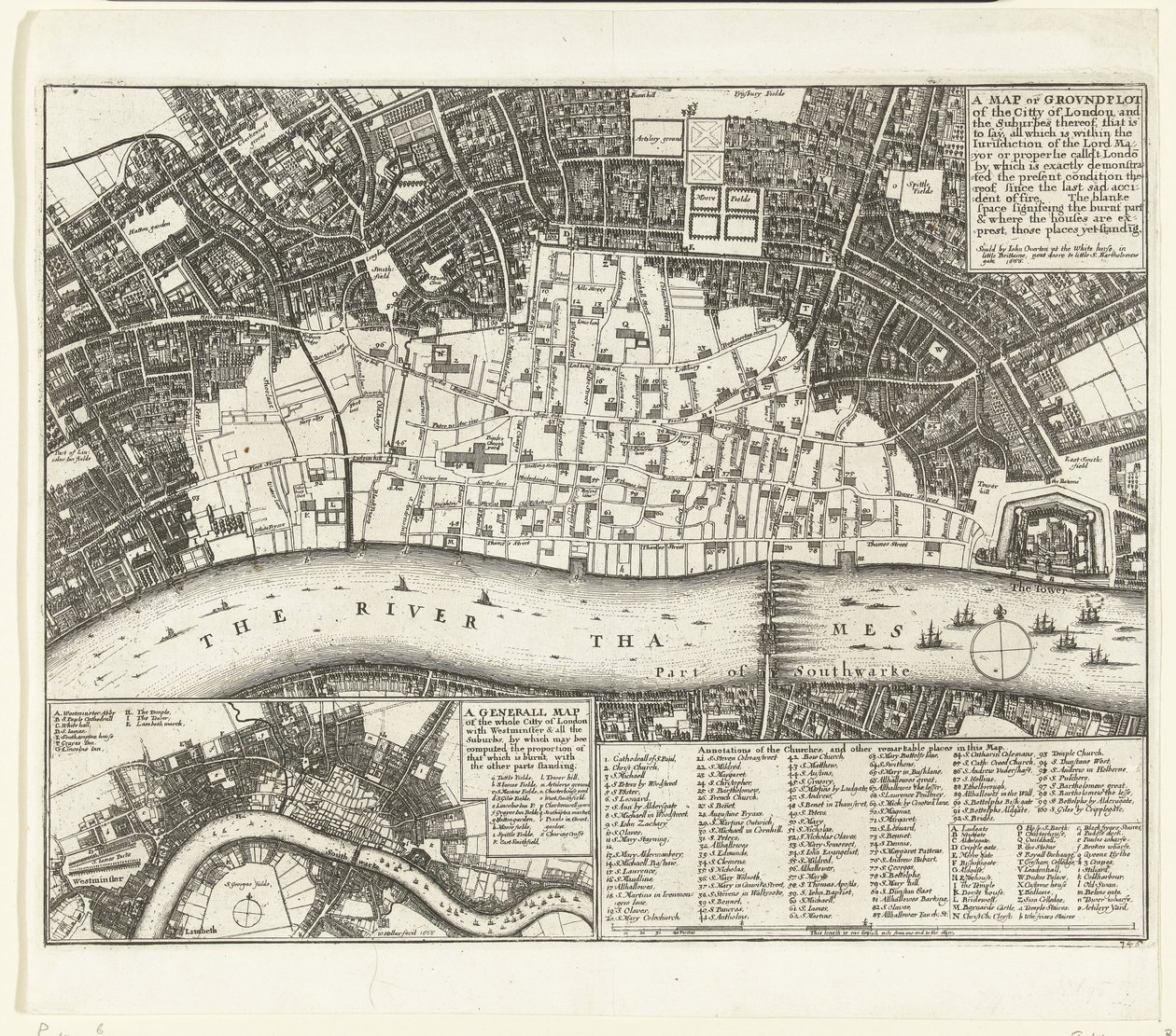 Mapa de Londres después del Gran Incendio de 1666 Un mapa o plano de la ciudad de Londres y los suburbios (...) (título sobre el objeto) de Wenceslaus Hollar