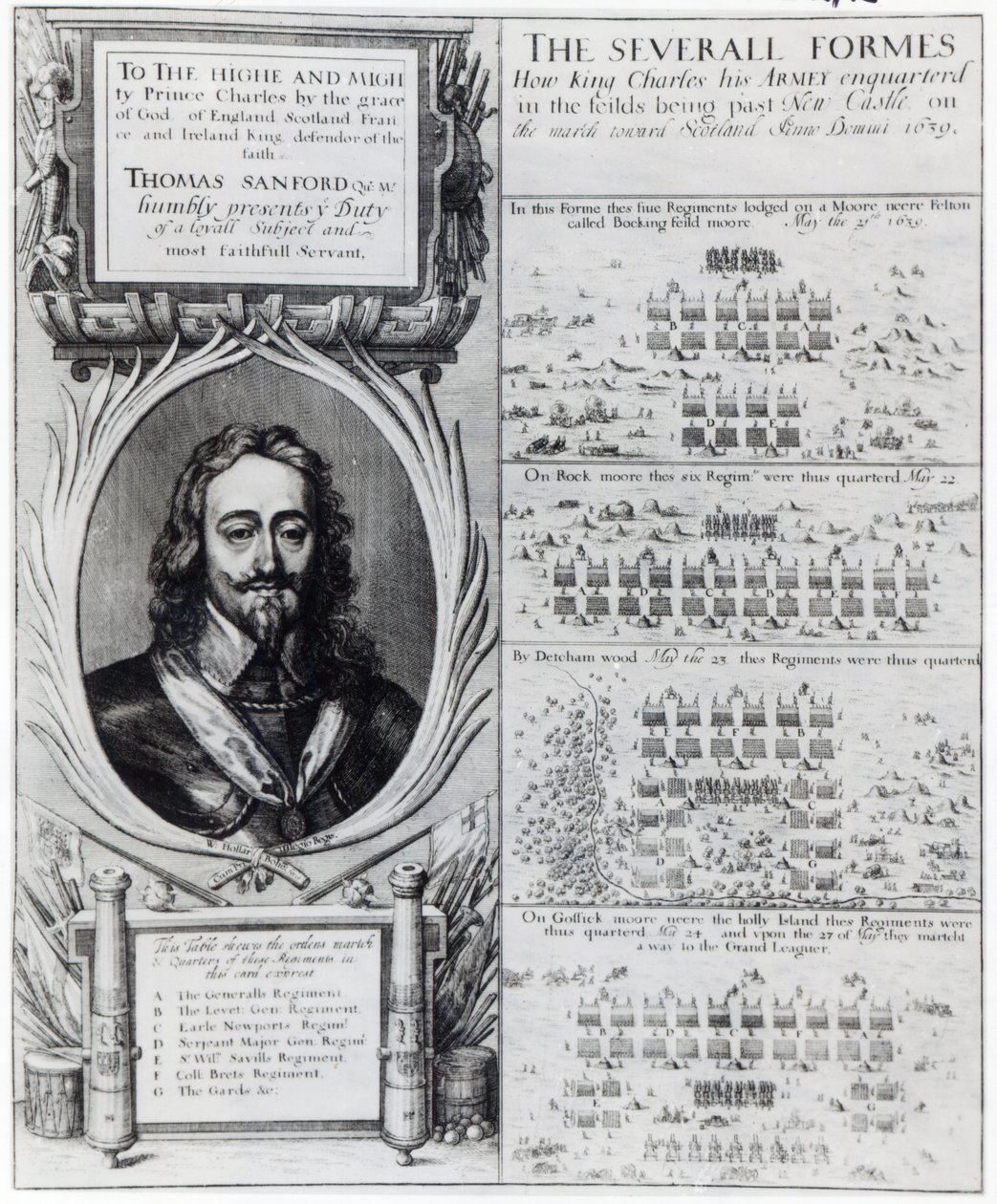 Retrato del Rey Carlos I con diagramas que muestran la formación de sus tropas durante la Guerra de los Obispos, c.1639 de Wenceslaus Hollar