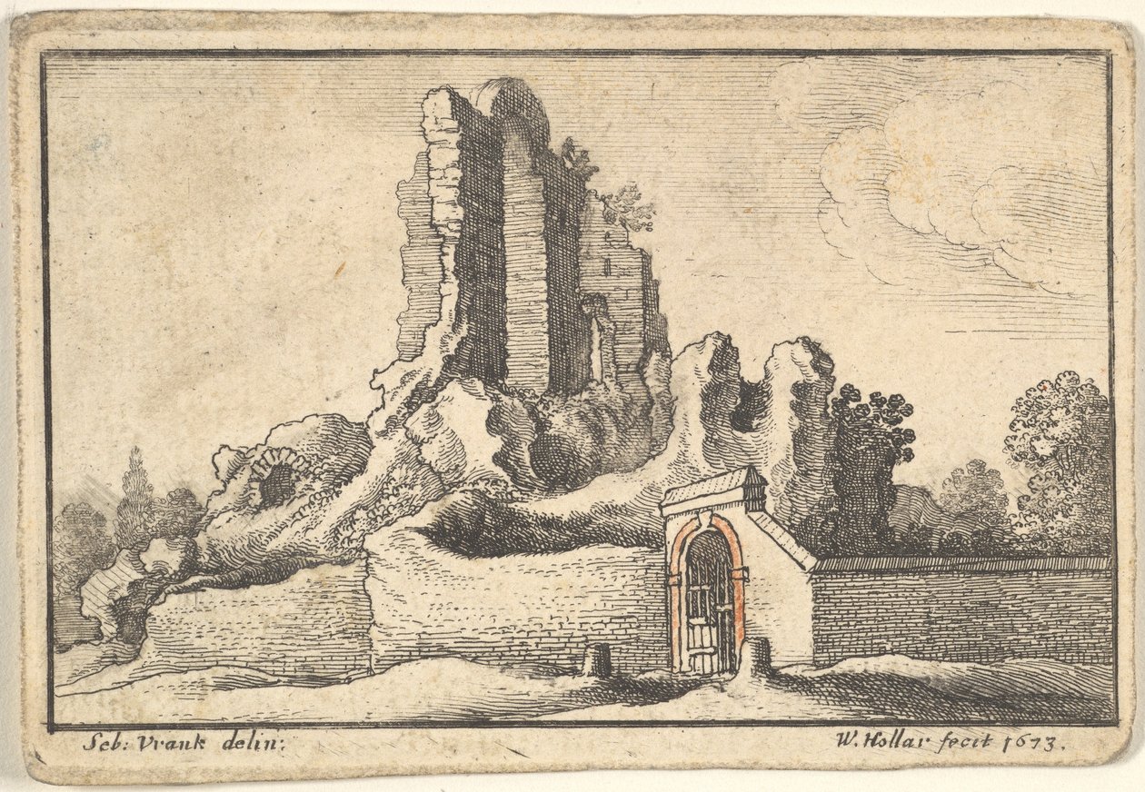 Ruinas y una puerta con barrotes en la colina Esquilina en Roma, 1673 de Wenceslaus Hollar