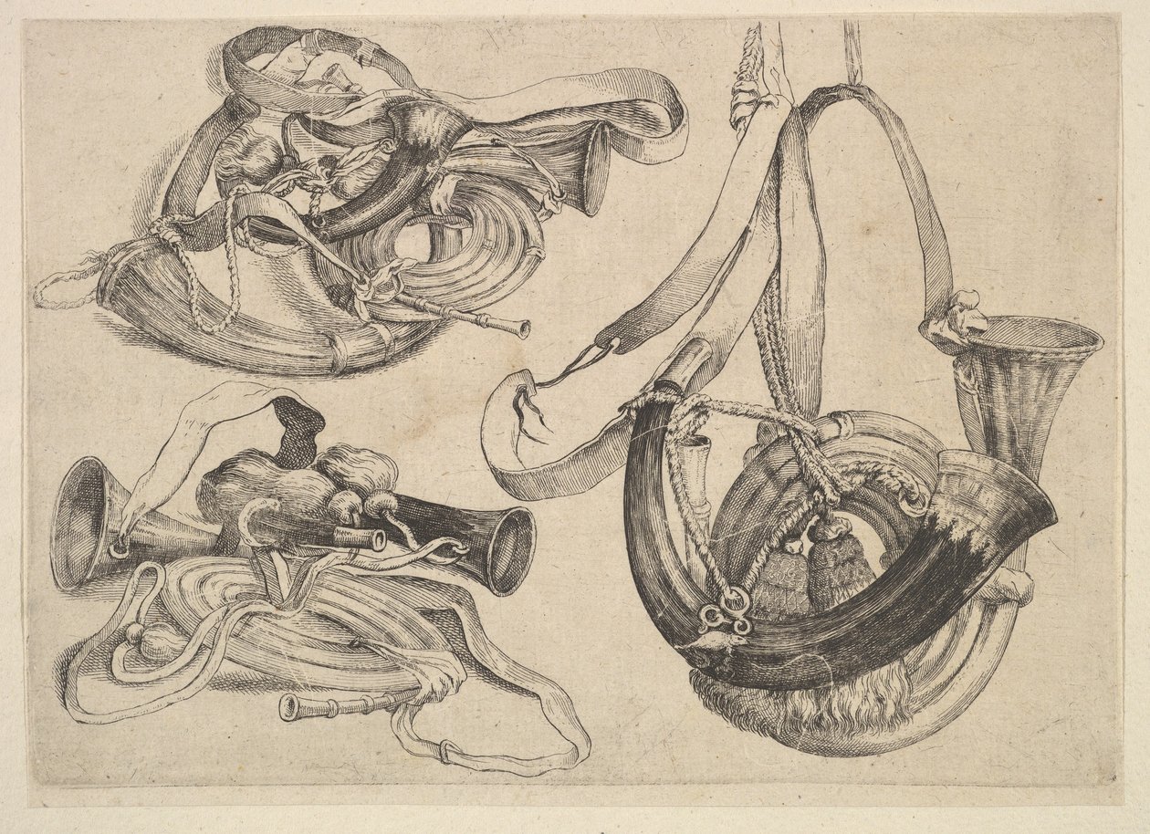 Siete cuernos de caza en tres agrupaciones, 1625-77 de Wenceslaus Hollar