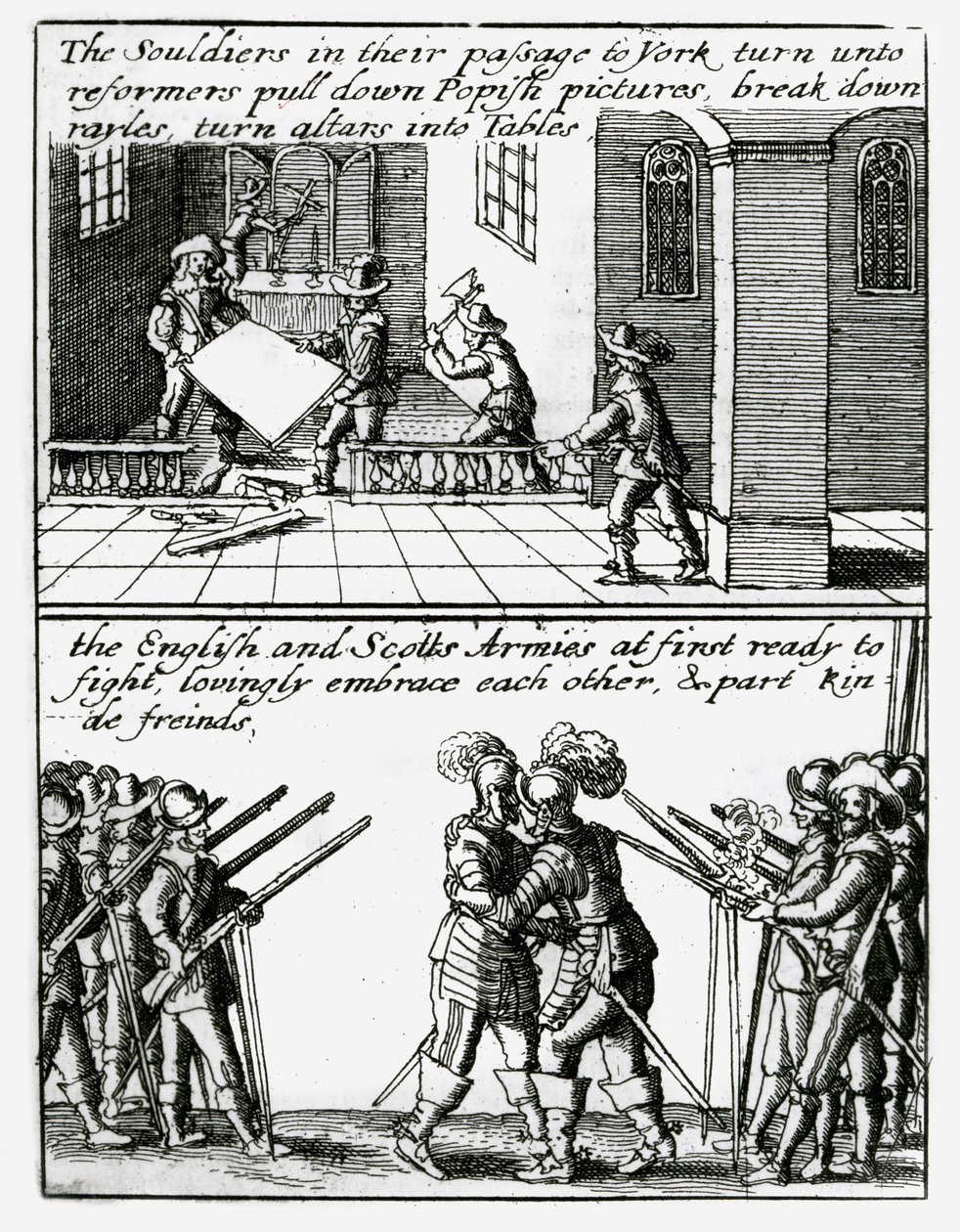 Soldados destruyen imágenes religiosas en una iglesia; soldados ingleses y escoceses se abrazan de Wenceslaus Hollar