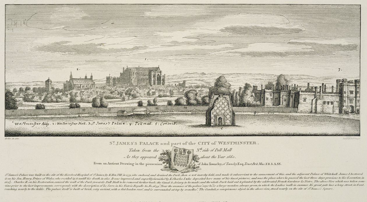 Palacio de St. James y parte de la Ciudad de Westminster desde el lado norte de Pall Mall en 1660, grabado por Richard Sawyer, publicado en 1809 de Wenceslaus Hollar