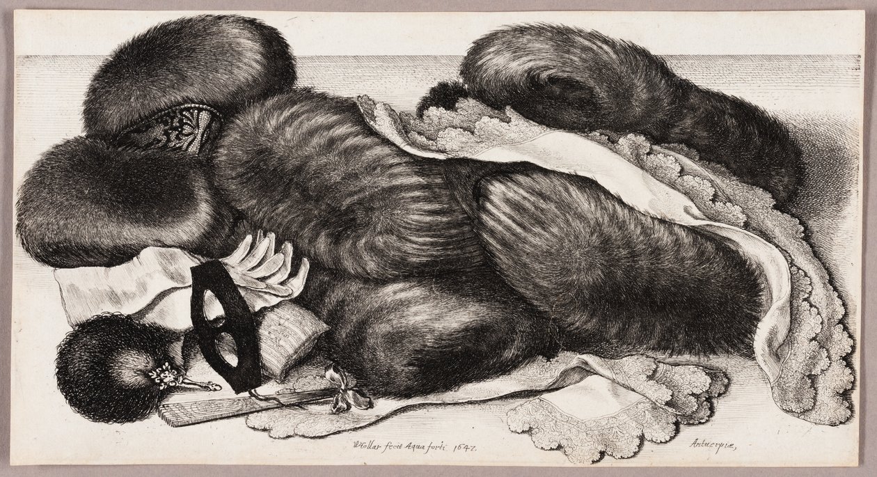 Bodegón con un grupo de manguitos, un par de guantes y dos pañuelos de Wenceslaus Hollar