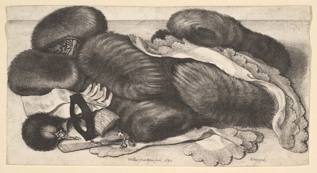 Naturaleza muerta con un grupo de manguitos, un par de guantes, abanicos, máscara y dos pañuelos, 1647 de Wenceslaus Hollar