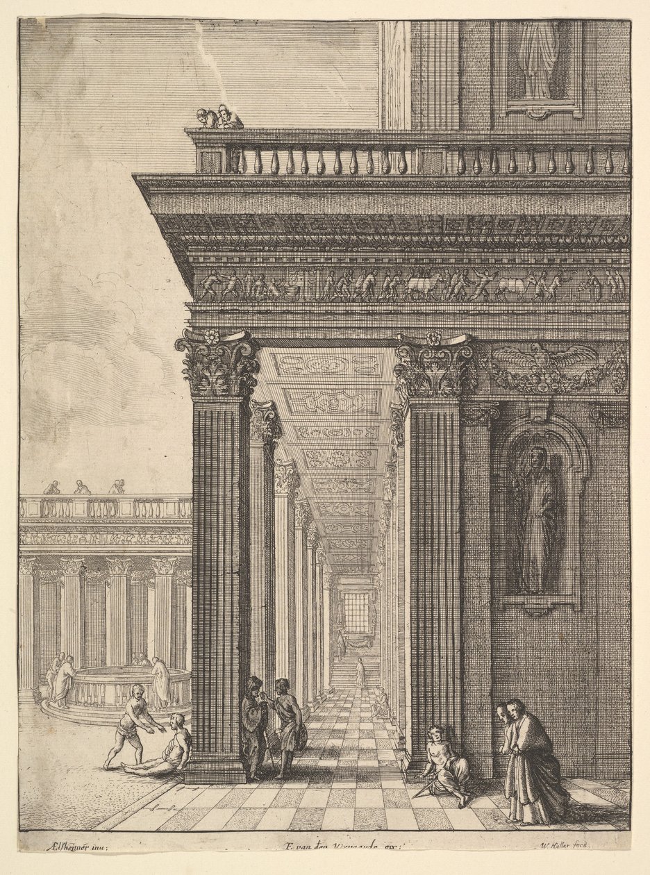 Patio del templo con figuras, después de David Teniers el Viejo, 1625-77 de Wenceslaus Hollar