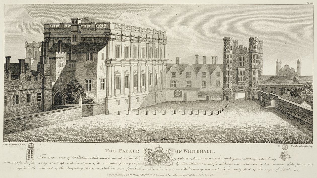 El Palacio de Whitehall, de un dibujo en la Biblioteca Pepysian, Cambridge, publicado en 1809 de Wenceslaus Hollar