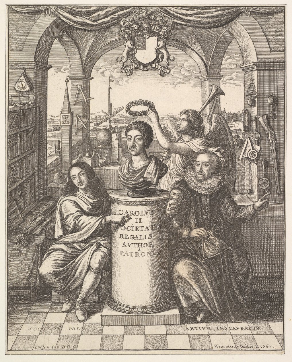 La Real Sociedad, frontispicio de Thomas Sprat, La Historia de la Real Sociedad de Londres de Wenceslaus Hollar