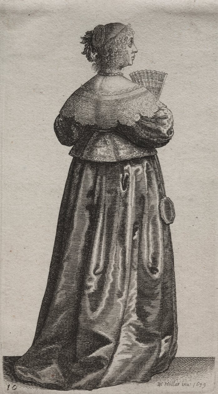Los Varios Hábitos de las Mujeres Inglesas, desde la Nobleza hasta las Mujeres del Campo en estos tiempos: La Mujer con Abanico y Espejo de Wenceslaus Hollar