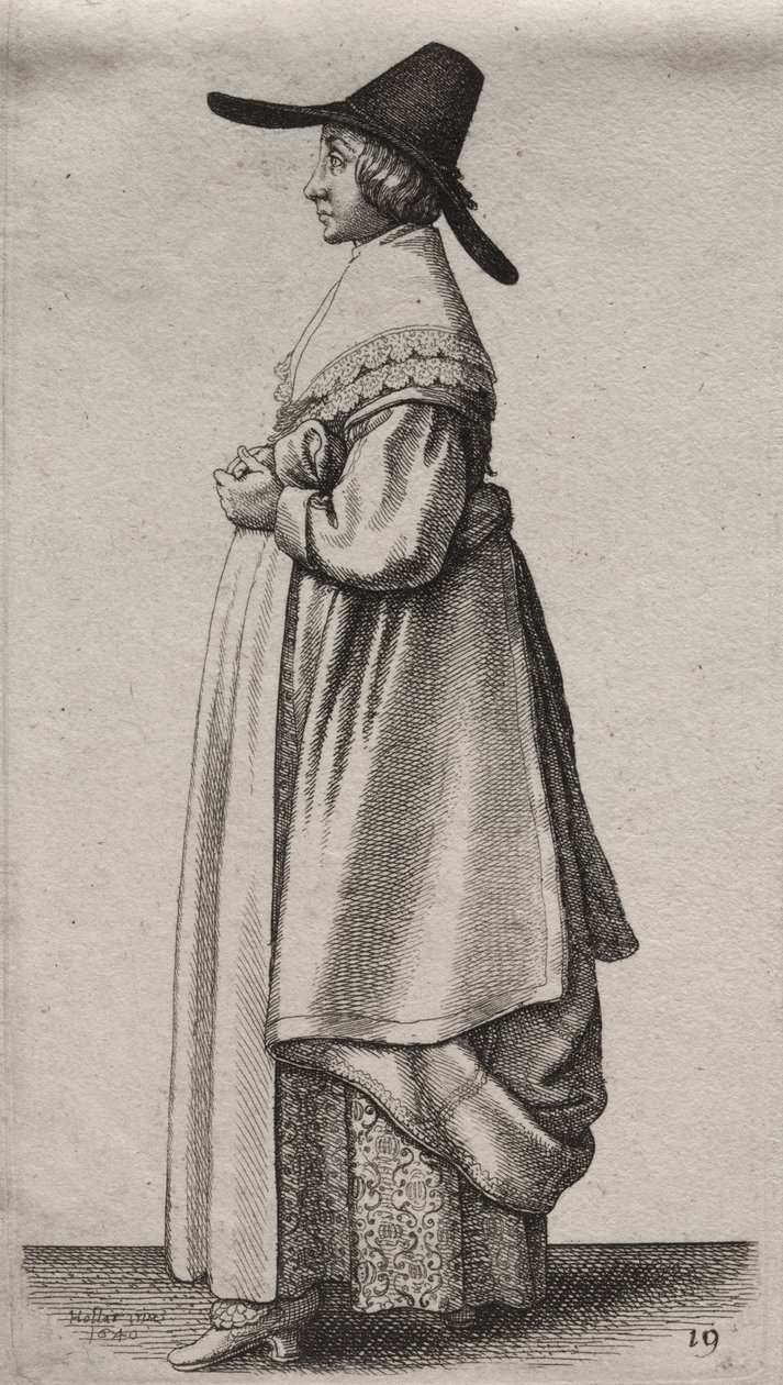 Los Varios Hábitos de las Mujeres Inglesas, desde la Nobleza hasta las Mujeres del Campo en estos tiempos: La Mujer con Sombrero Masculino y Enagua Floreada de Wenceslaus Hollar