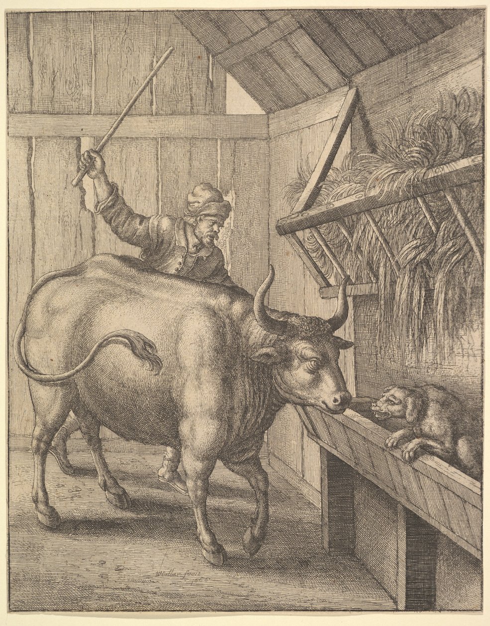El perro en el pesebre de la ilustración a las Fábulas de Esopo de John Ogilby, 1666 de Wenceslaus Hollar